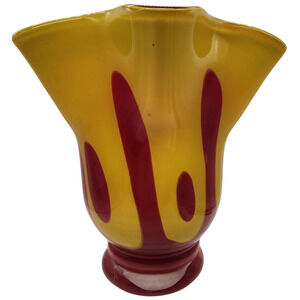 Beautiful Italian Modern Art Glass Yellow & Red Cased Glass Handkerchief Vase 9"